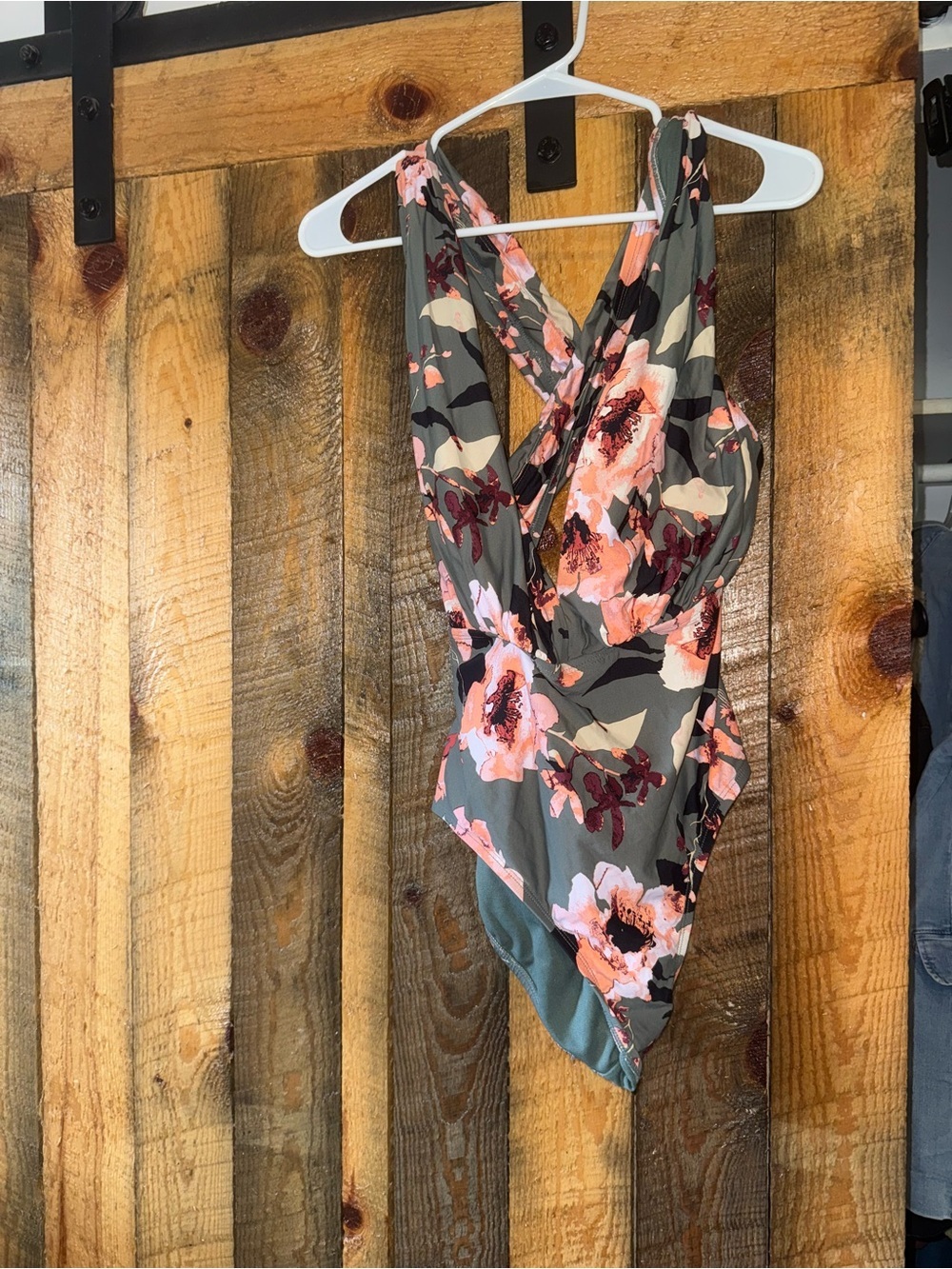 Floral Crossover One-Piece Swimsuit in Olive and Pink